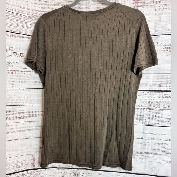 Emanuel ungaro Sweater Womens Sz 12 knit V Neck Cotton linen Top khaki Green New - Picture 3 of 15